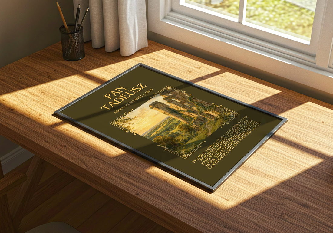 Pan Tadeusz Minimalist Book Poster by Adam Mickiewicz – print on a sunlit desk