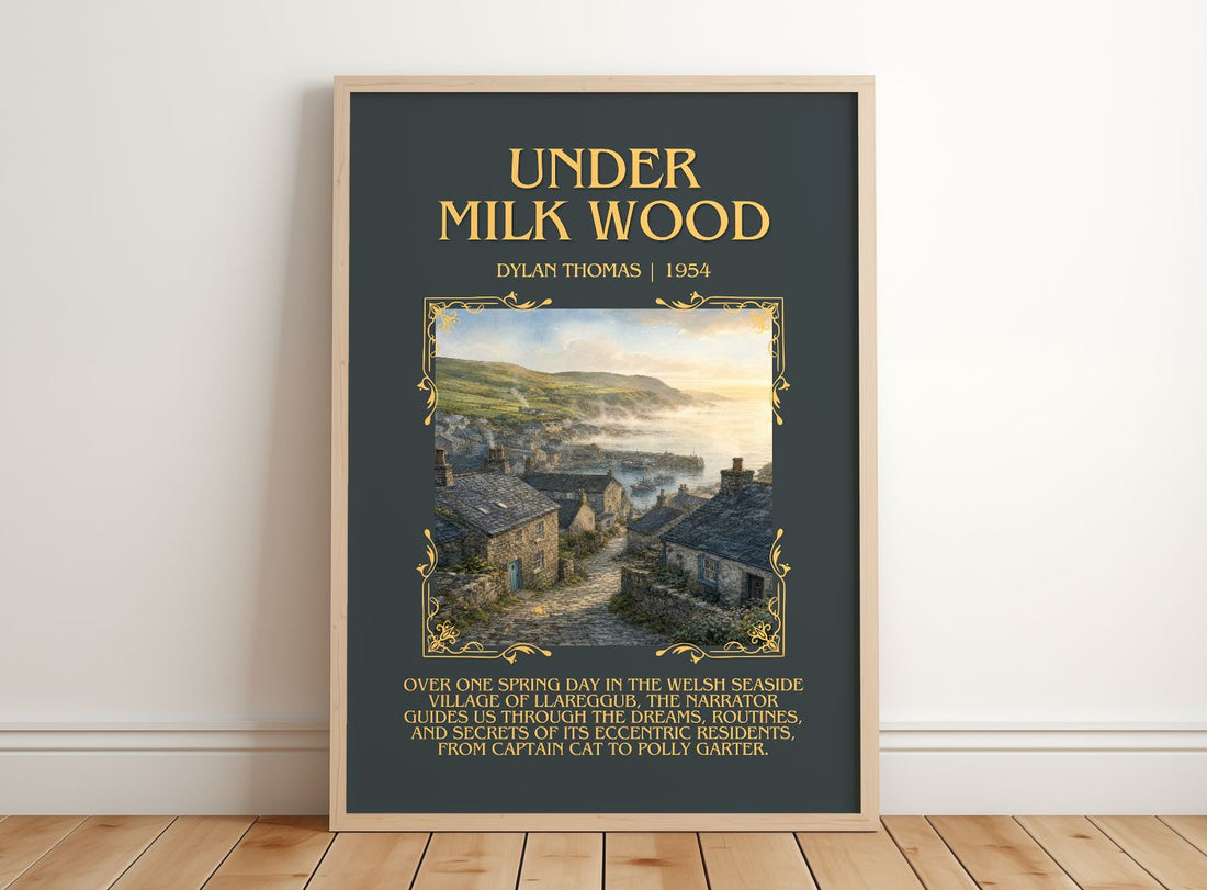 Under Milk Wood Minimalist Book Poster by Dylan Thomas – framed print leaning on a wooden floor