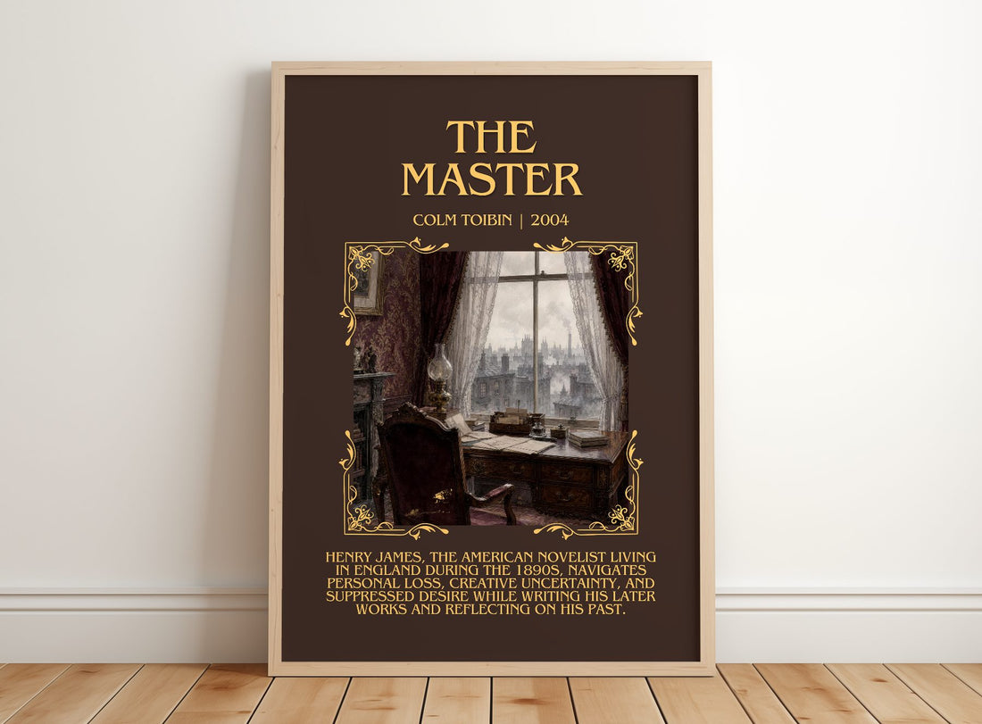 The Master Minimalist Book Poster by Colm Toibin – framed print leaning on a wooden floor