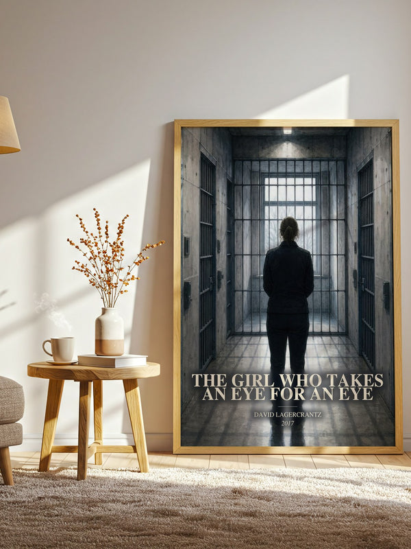 The Girl Who Takes An Eye For An Eye watercolour print in frame leaning in hallway – thriller wall art