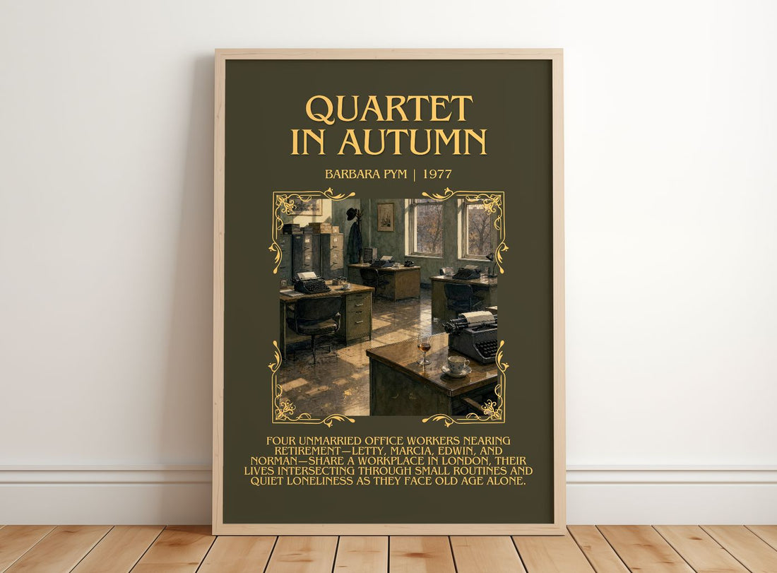 Quartet in Autumn Minimalist Book Poster by Barbara Pym – framed print leaning on a wooden floor