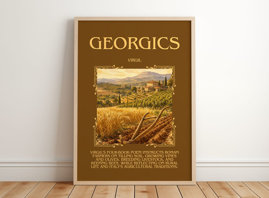 Georgics Minimalist Book Poster by Virgil – framed print leaning on a wooden floor