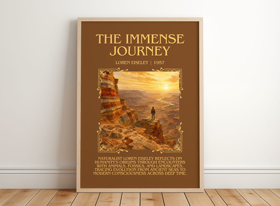 The Immense Journey Minimalist Book Poster by Loren Eiseley – framed print leaning on a wooden floor