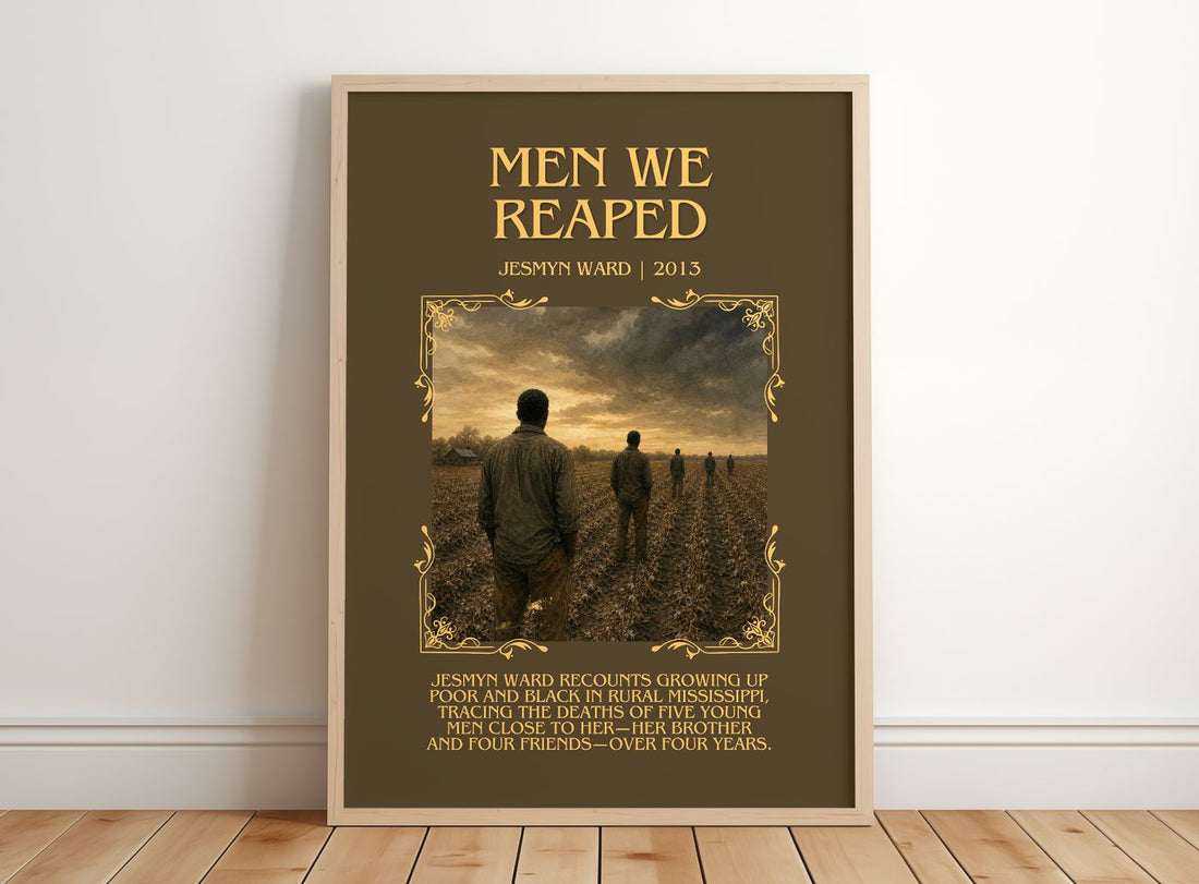 Men We Reaped Minimalist Book Poster by Jesmyn Ward – framed print leaning on a wooden floor