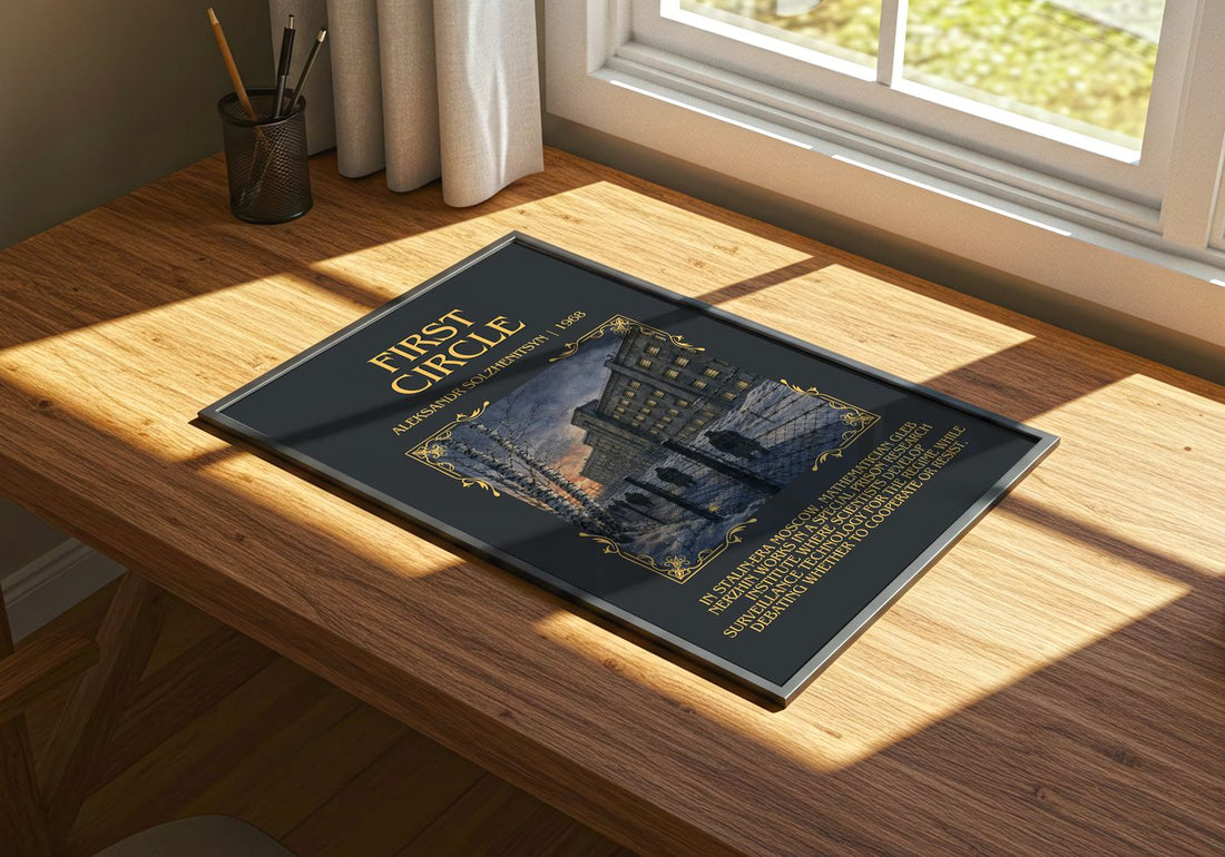First Circle Minimalist Book Poster by Aleksandr Solzhenitsyn – print on a sunlit desk