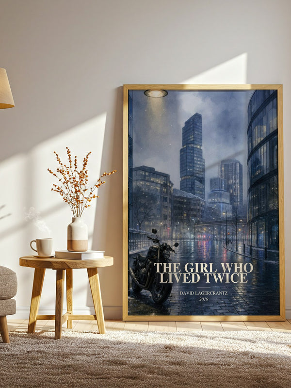 The Girl Who Lived Twice watercolour print in frame leaning in hallway – thriller wall art