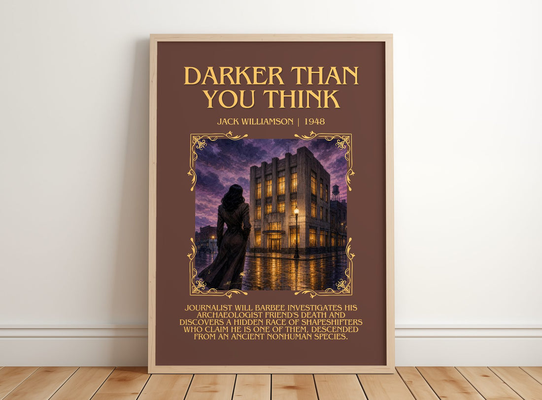 Darker Than You Think Minimalist Book Poster by Jack Williamson – framed print leaning on a wooden floor