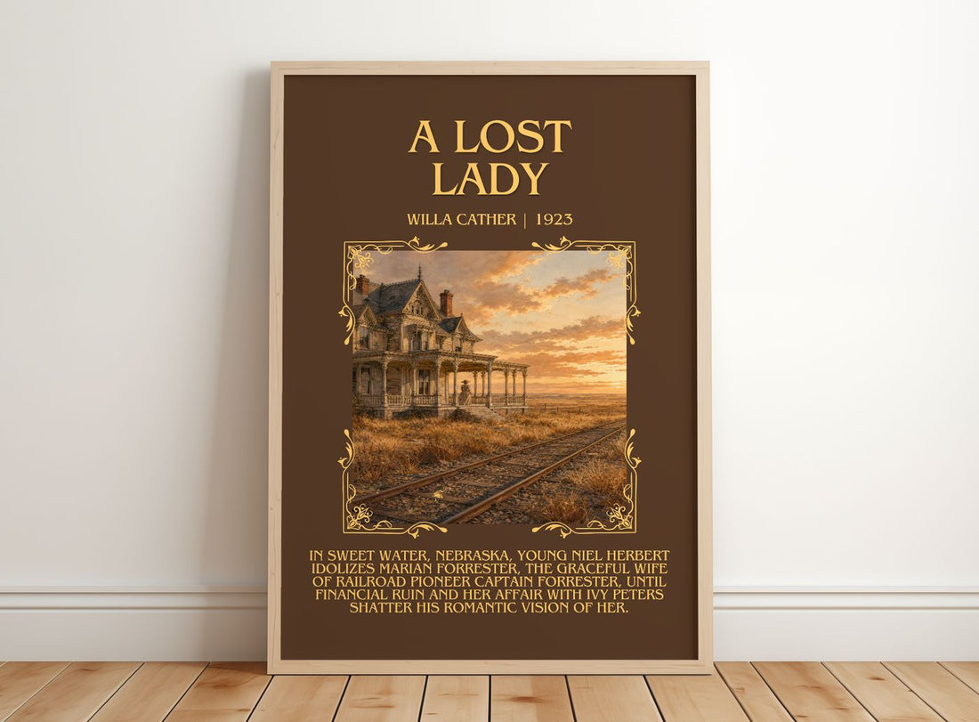 A Lost Lady Minimalist Book Poster by Willa Cather – framed print leaning on a wooden floor
