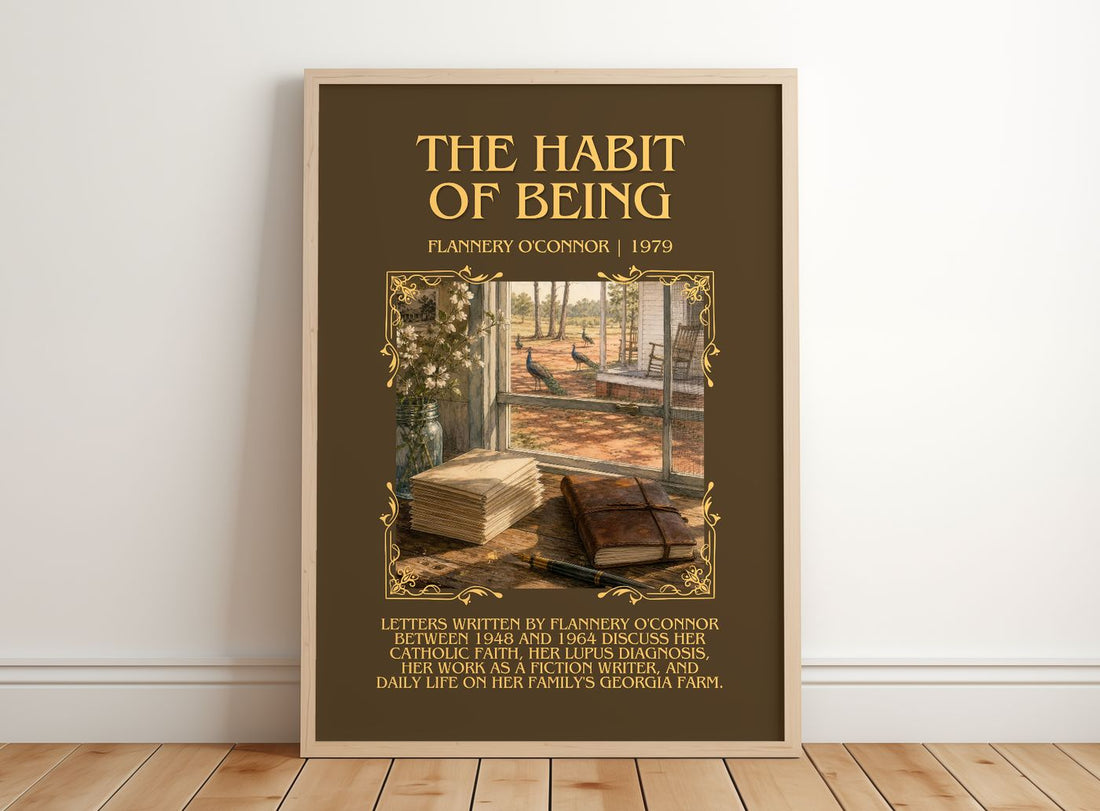 The Habit of Being Minimalist Book Poster by Flannery O'Connor – framed print leaning on a wooden floor