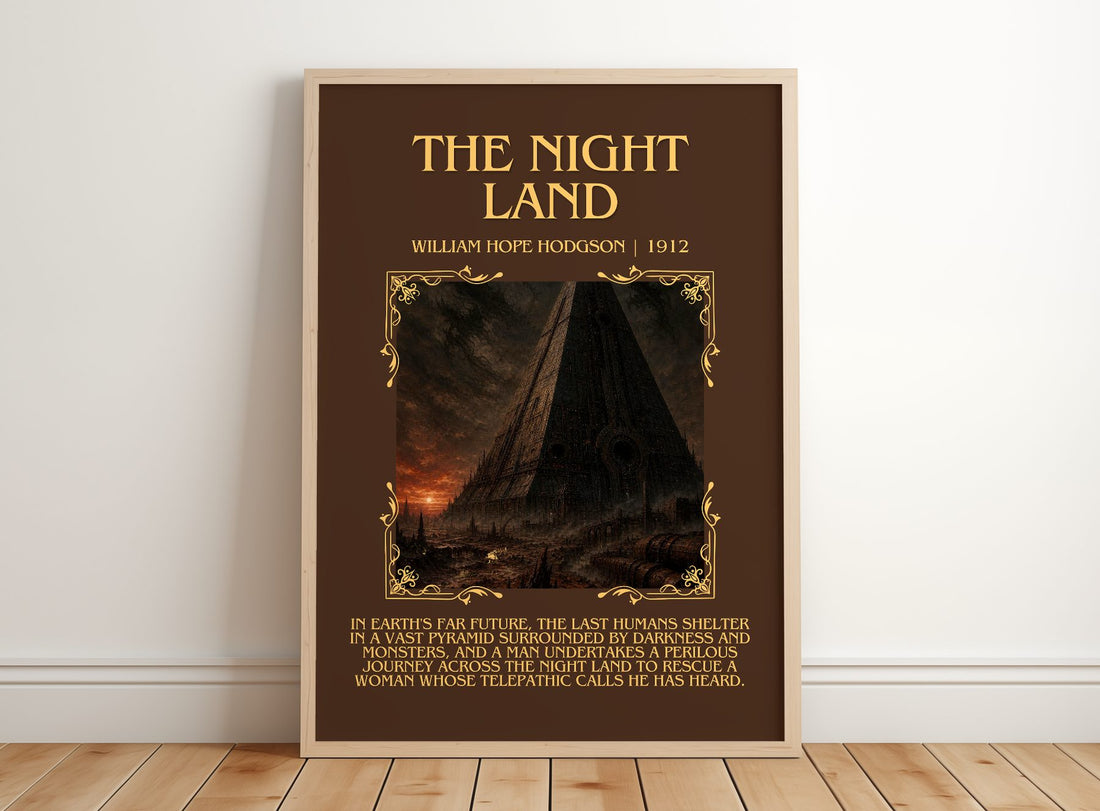 The Night Land Minimalist Book Poster by William Hope Hodgson – framed print leaning on a wooden floor