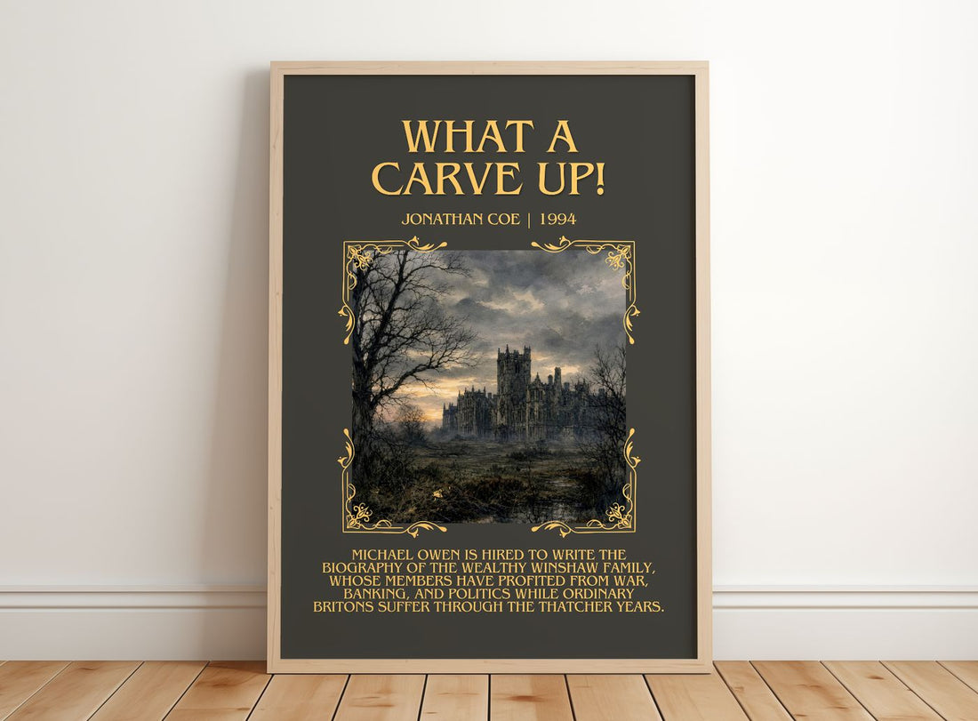 What a Carve Up! Minimalist Book Poster by Jonathan Coe – framed print leaning on a wooden floor