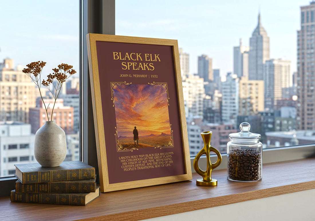 Black Elk Speaks Minimalist Book Poster by John G. Neihardt – framed print on a city-view windowsill