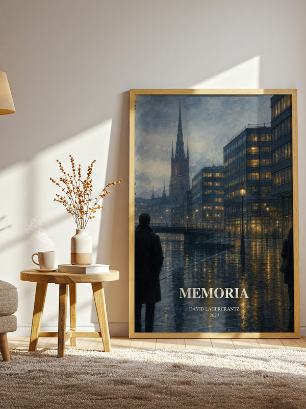 Memoria watercolour print in frame leaning in hallway – thriller wall art
