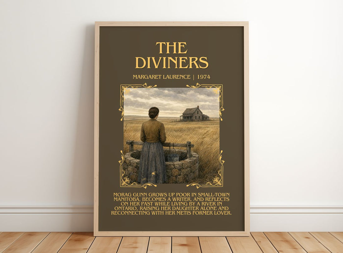 The Diviners Minimalist Book Poster by Margaret Laurence – framed print leaning on a wooden floor