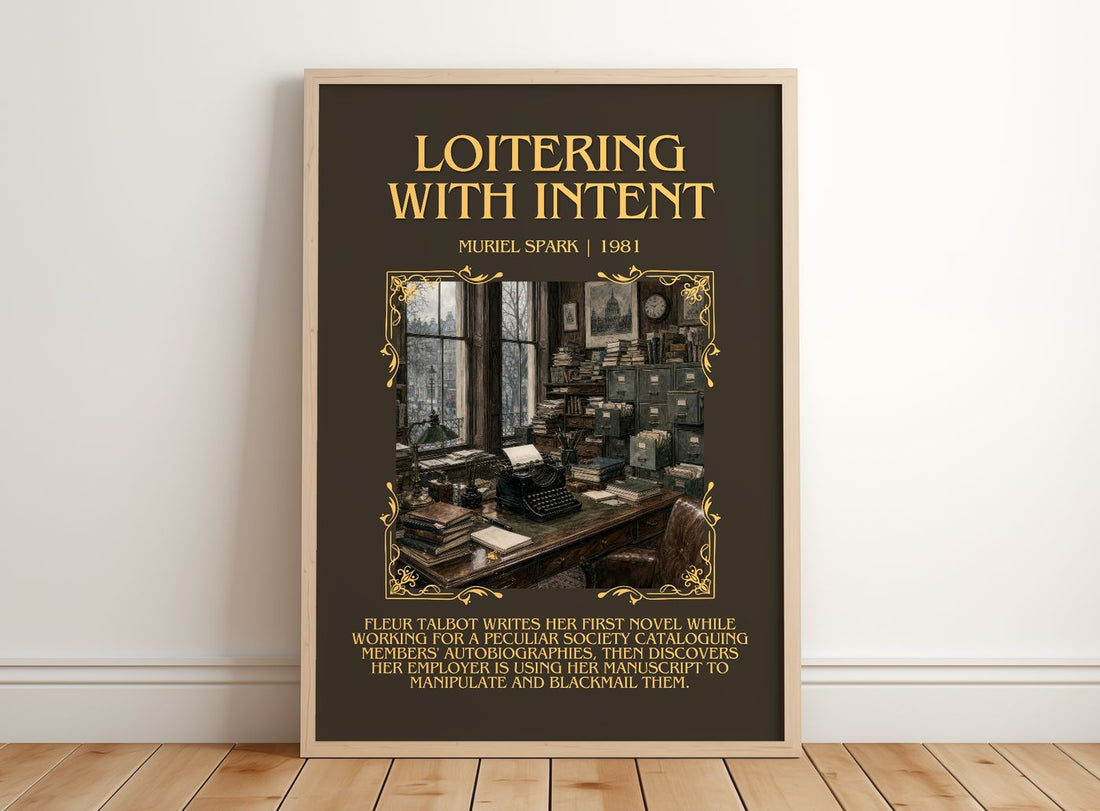 Loitering With Intent Minimalist Book Poster by Muriel Spark – framed print leaning on a wooden floor