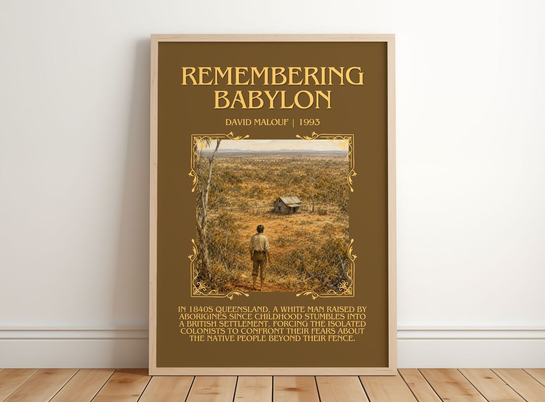 Remembering Babylon Minimalist Book Poster by David Malouf – framed print leaning on a wooden floor