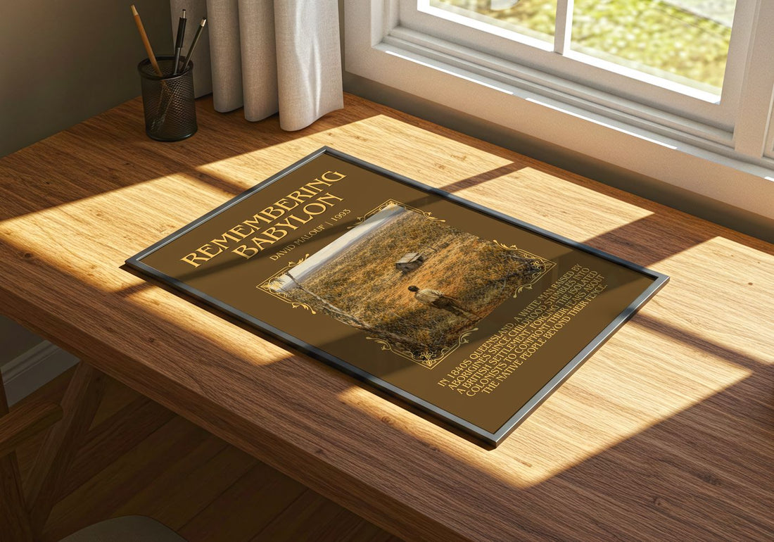 Remembering Babylon Minimalist Book Poster by David Malouf – print on a sunlit desk