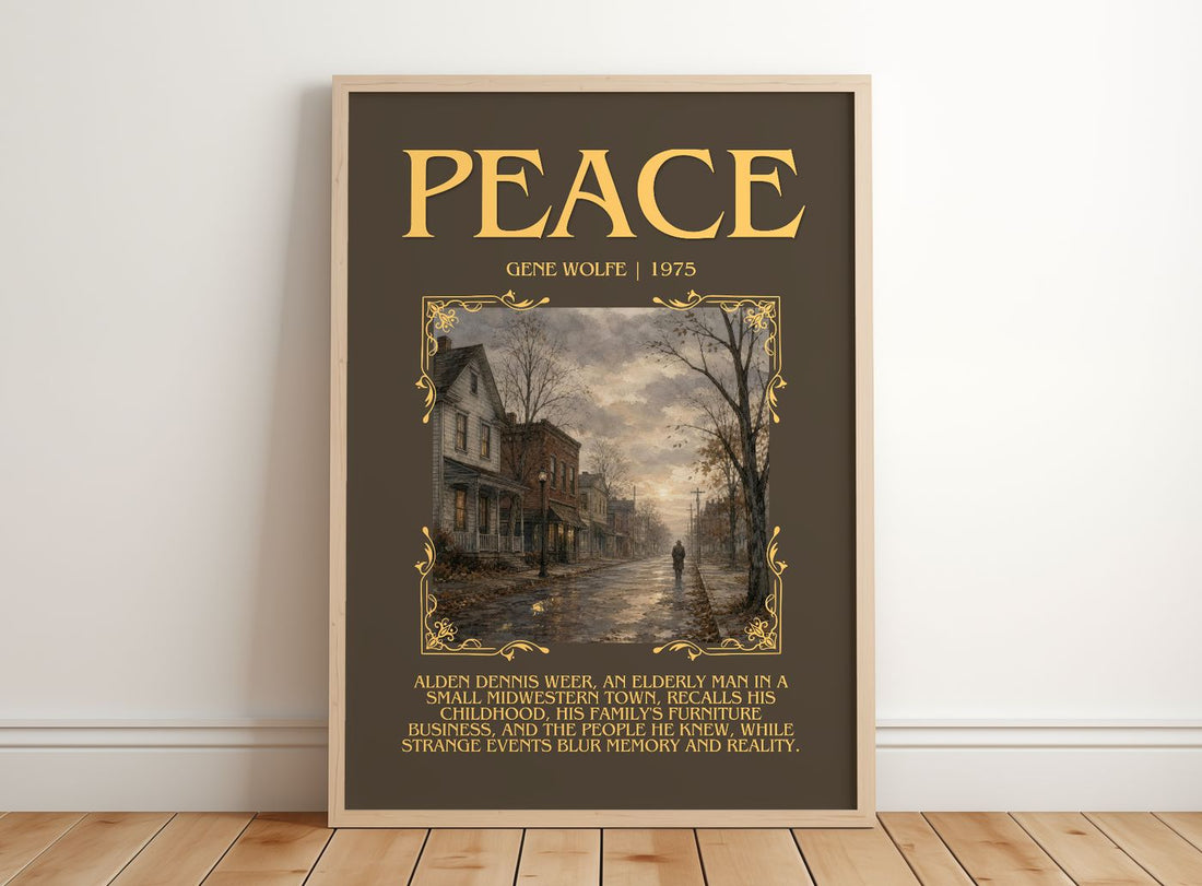 Peace Minimalist Book Poster by Gene Wolfe – framed print leaning on a wooden floor