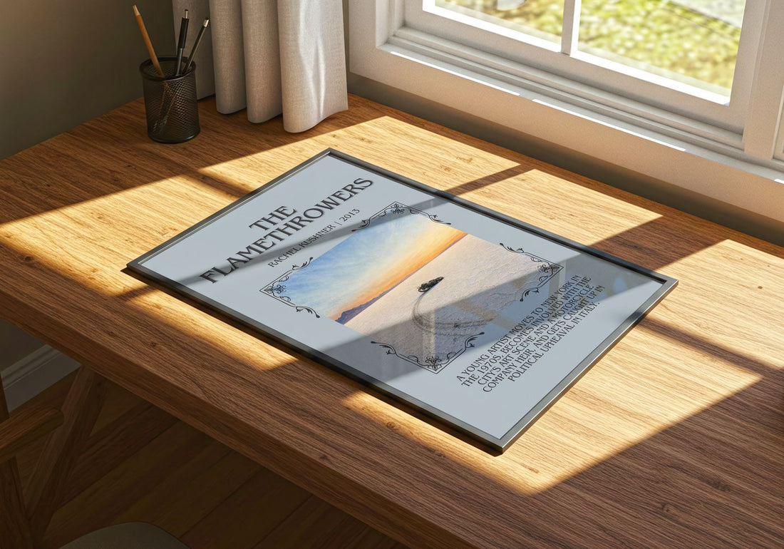 The Flamethrowers Minimalist Book Poster by Rachel Kushner – print on a sunlit desk