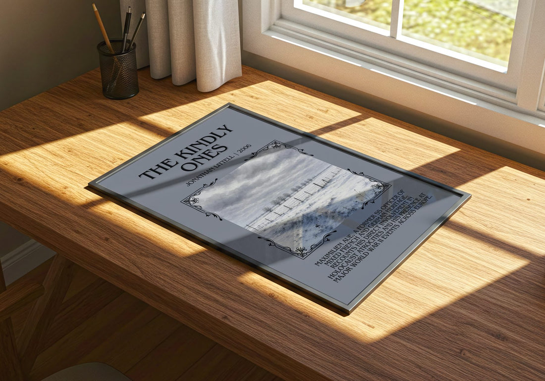 The Kindly Ones Minimalist Book Poster by Jonathan Littell – print on a sunlit desk