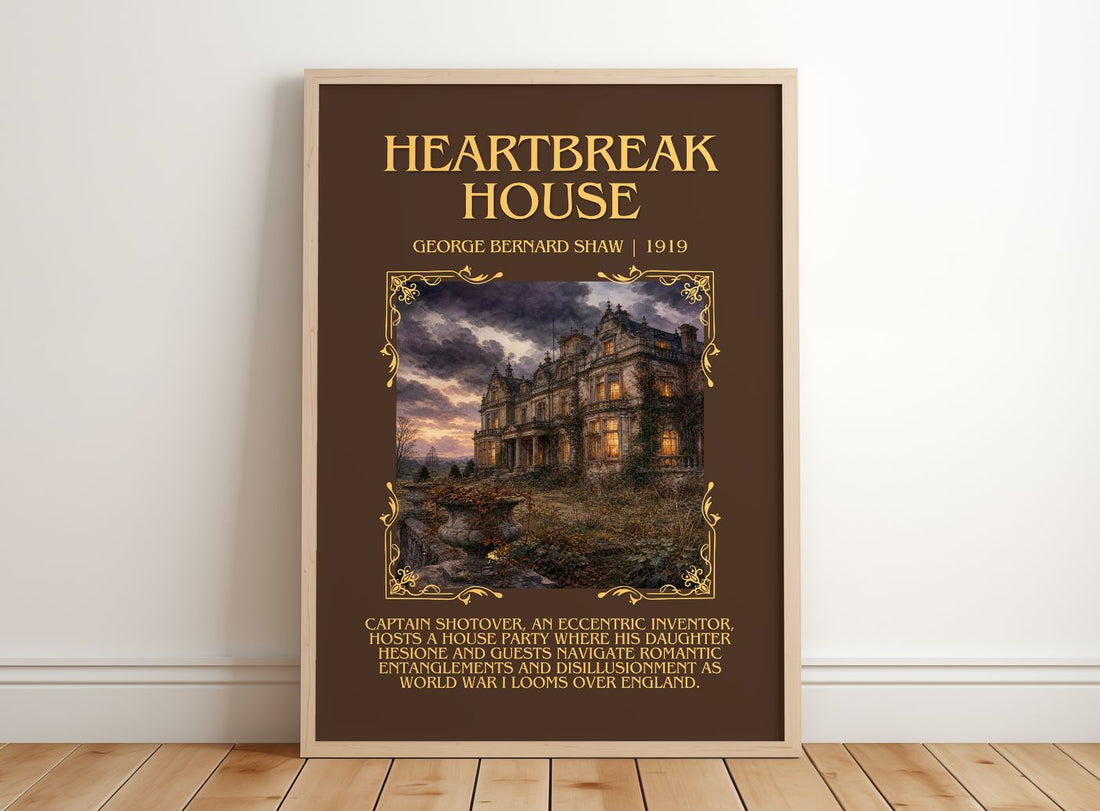 Heartbreak House Minimalist Book Poster by George Bernard Shaw – framed print leaning on a wooden floor