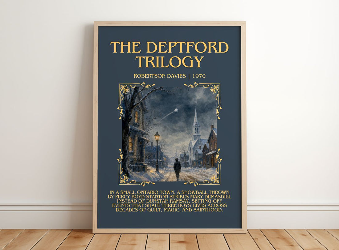 The Deptford Trilogy Minimalist Book Poster by Robertson Davies – framed print leaning on a wooden floor