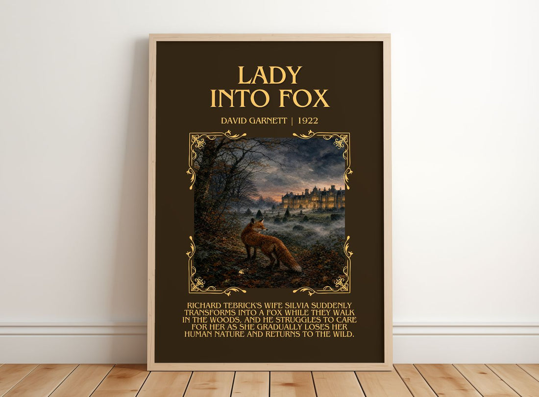 Lady into Fox Minimalist Book Poster by David Garnett – framed print leaning on a wooden floor