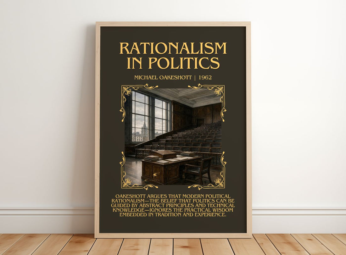Rationalism in Politics Minimalist Book Poster by Michael Oakeshott – framed print leaning on a wooden floor