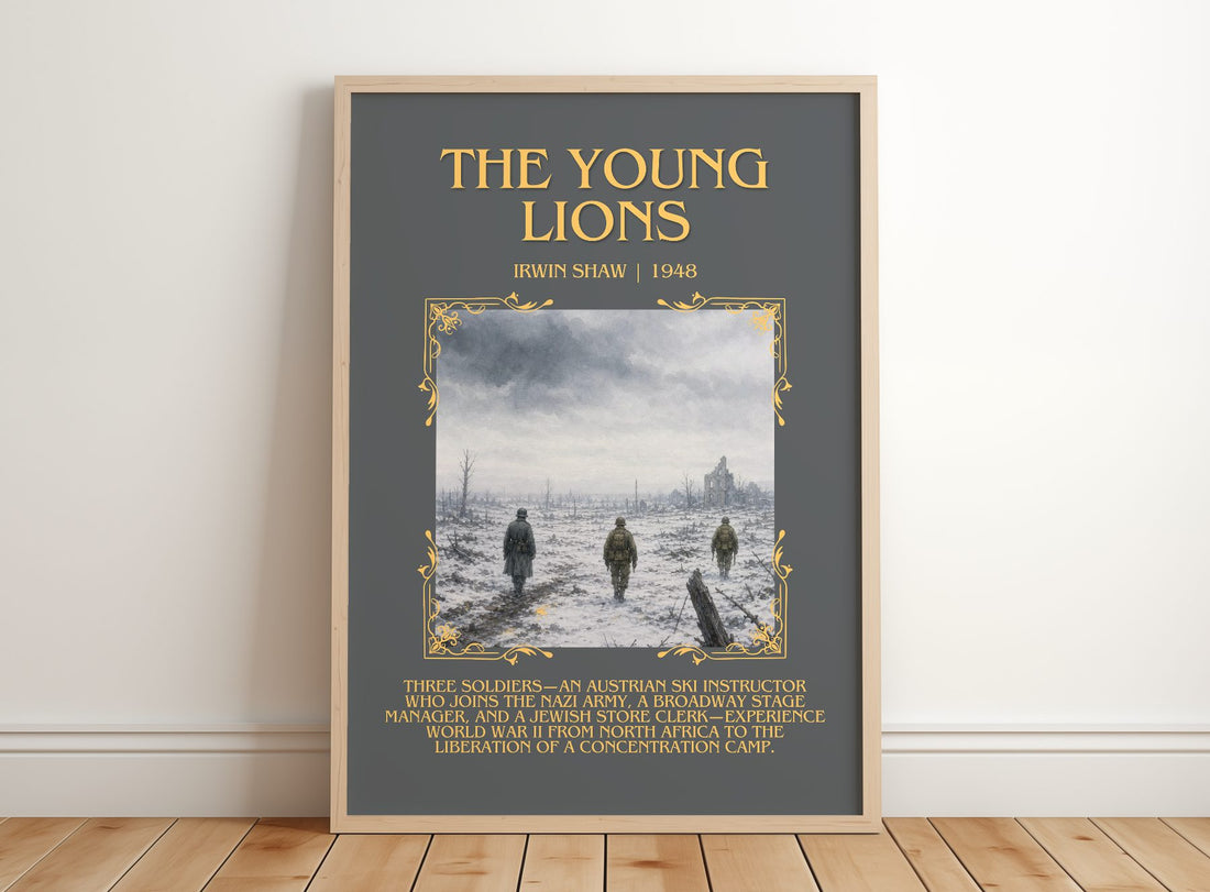 The Young Lions Minimalist Book Poster by Irwin Shaw – framed print leaning on a wooden floor