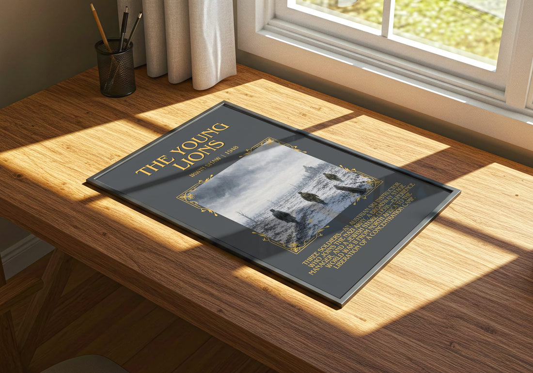 The Young Lions Minimalist Book Poster by Irwin Shaw – print on a sunlit desk
