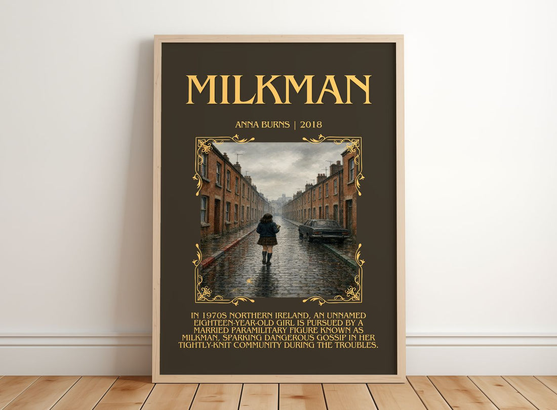 Milkman Minimalist Book Poster by Anna Burns – framed print leaning on a wooden floor