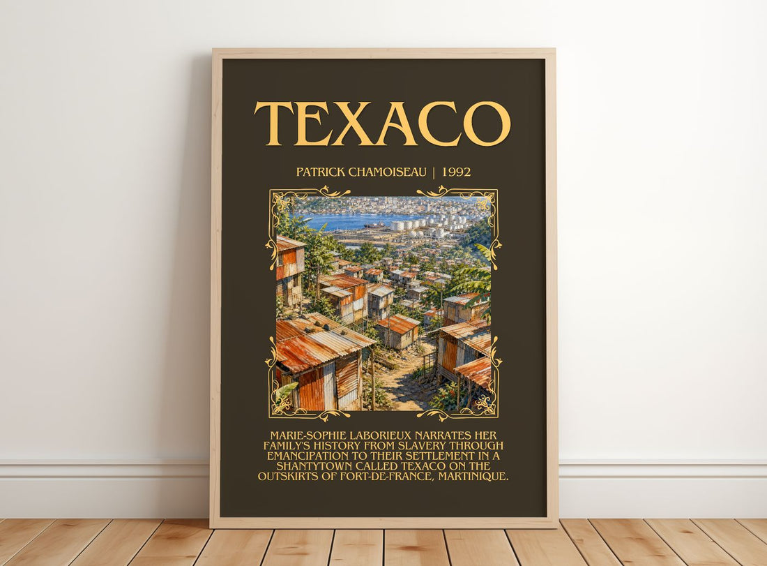 Texaco Minimalist Book Poster by Patrick Chamoiseau – framed print leaning on a wooden floor