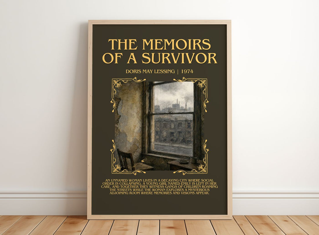 The Memoirs of a Survivor Minimalist Book Poster by Doris May Lessing – framed print leaning on a wooden floor