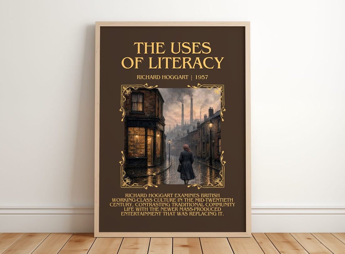 The Uses of Literacy Minimalist Book Poster by Richard Hoggart – framed print leaning on a wooden floor