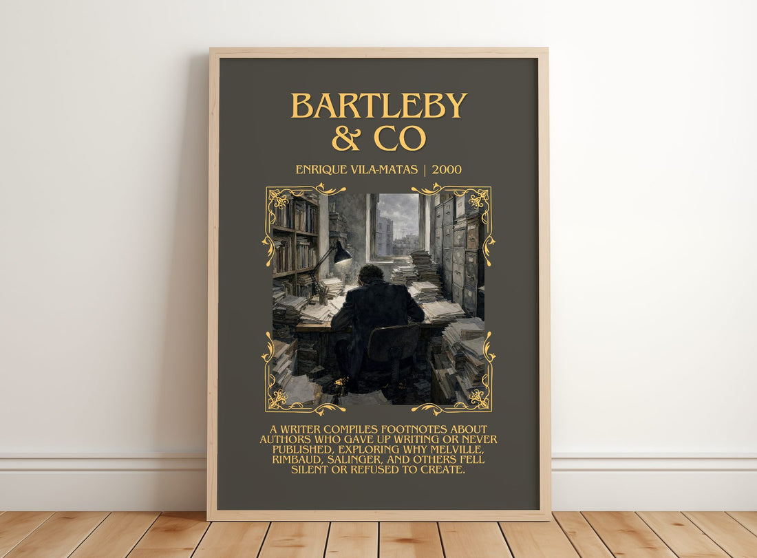 Bartleby & Co Minimalist Book Poster by Enrique Vila-Matas – framed print leaning on a wooden floor