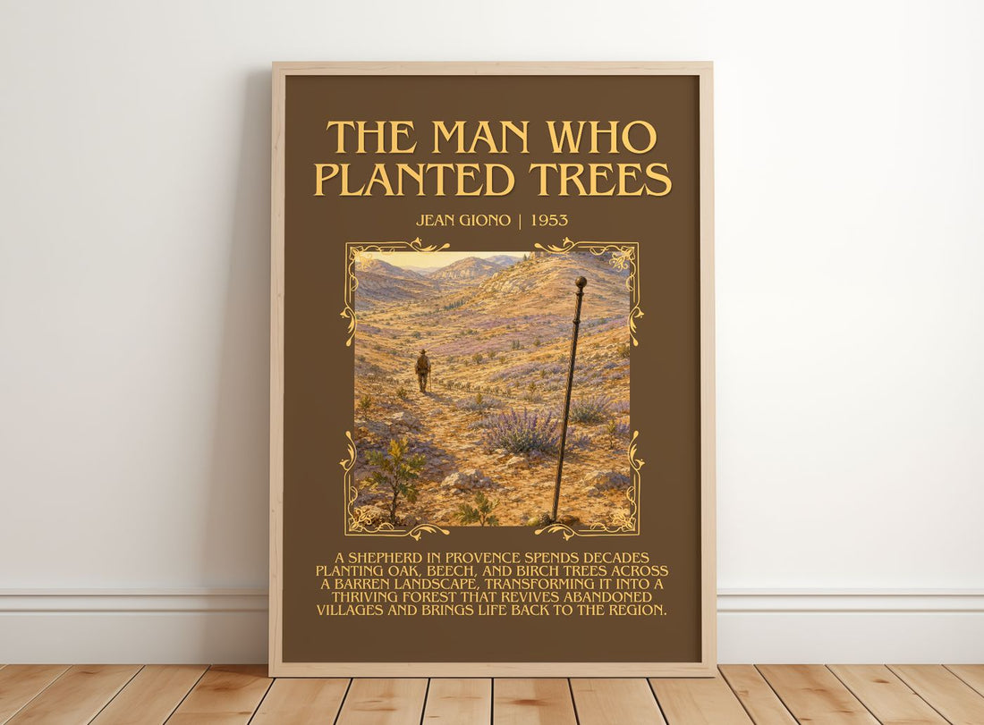 The Man Who Planted Trees Minimalist Book Poster by Jean Giono – framed print leaning on a wooden floor