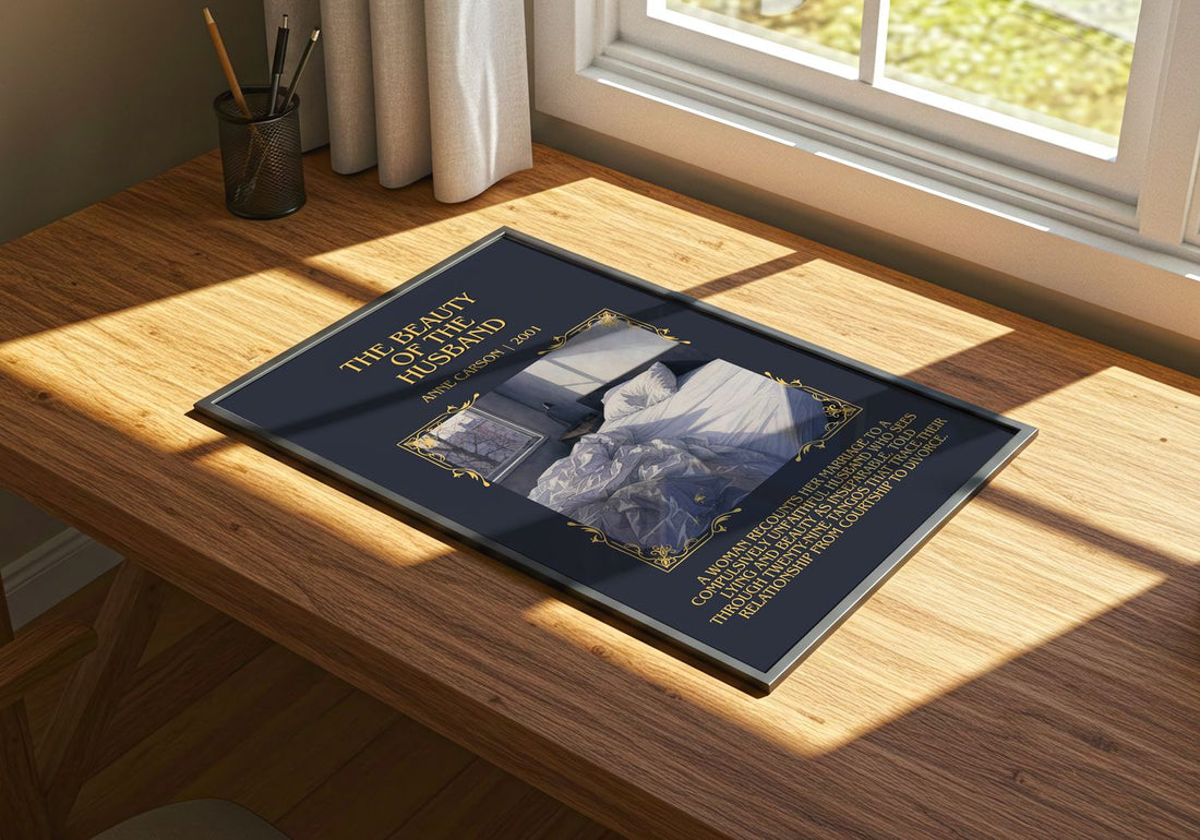The Beauty Of The Husband Minimalist Book Poster by Anne Carson – print on a sunlit desk