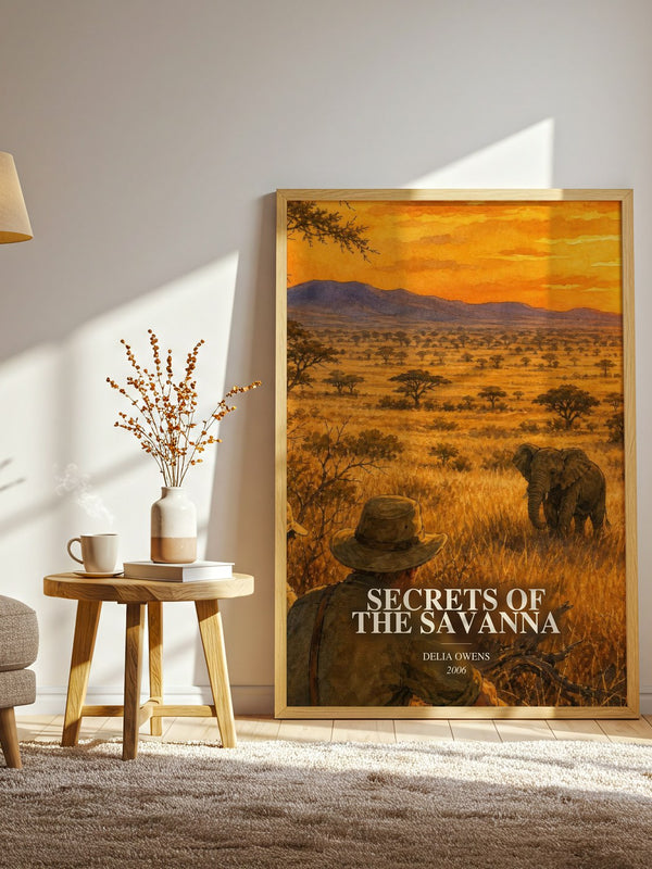 Secrets Of The Savanna watercolour print in frame leaning in hallway – non fiction wall art
