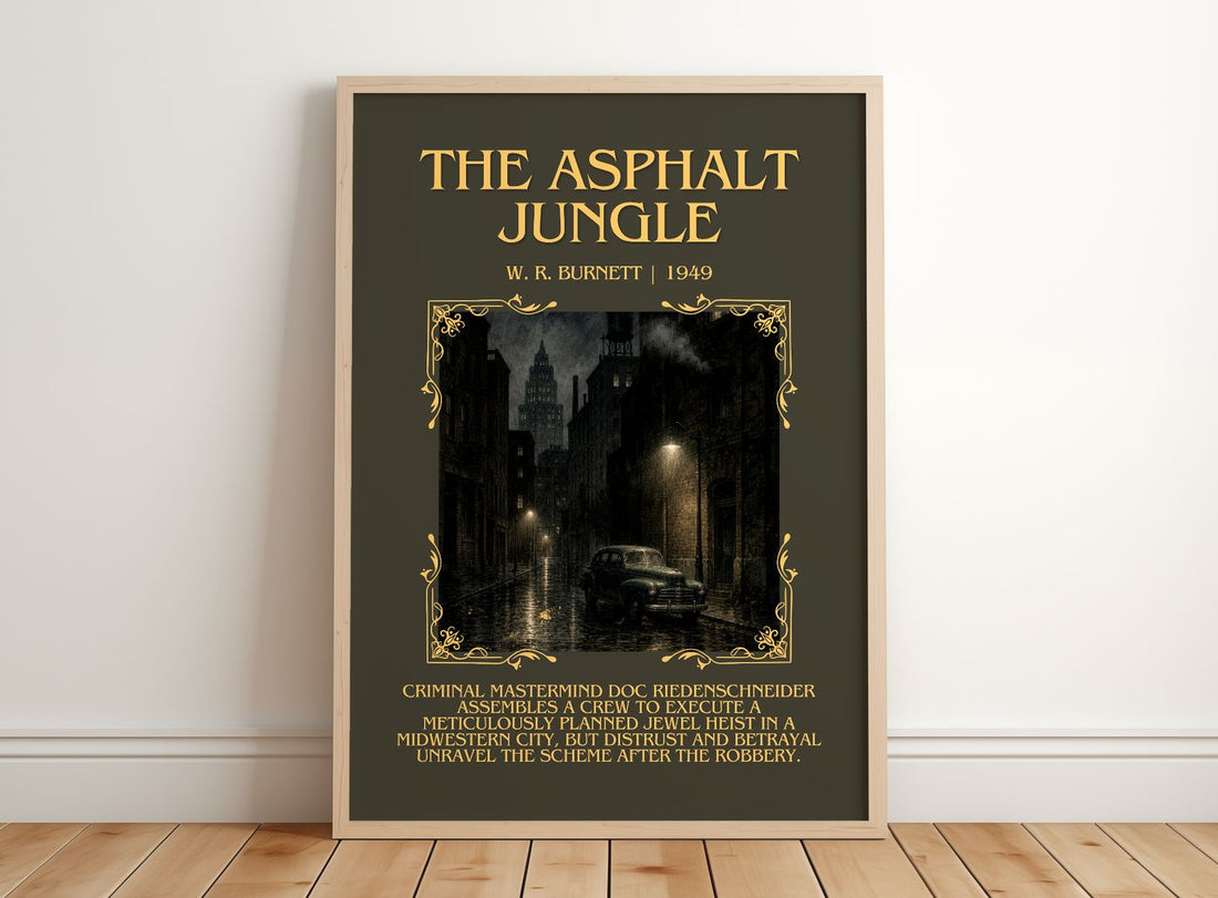 The Asphalt Jungle Minimalist Book Poster by W. R. Burnett – framed print leaning on a wooden floor