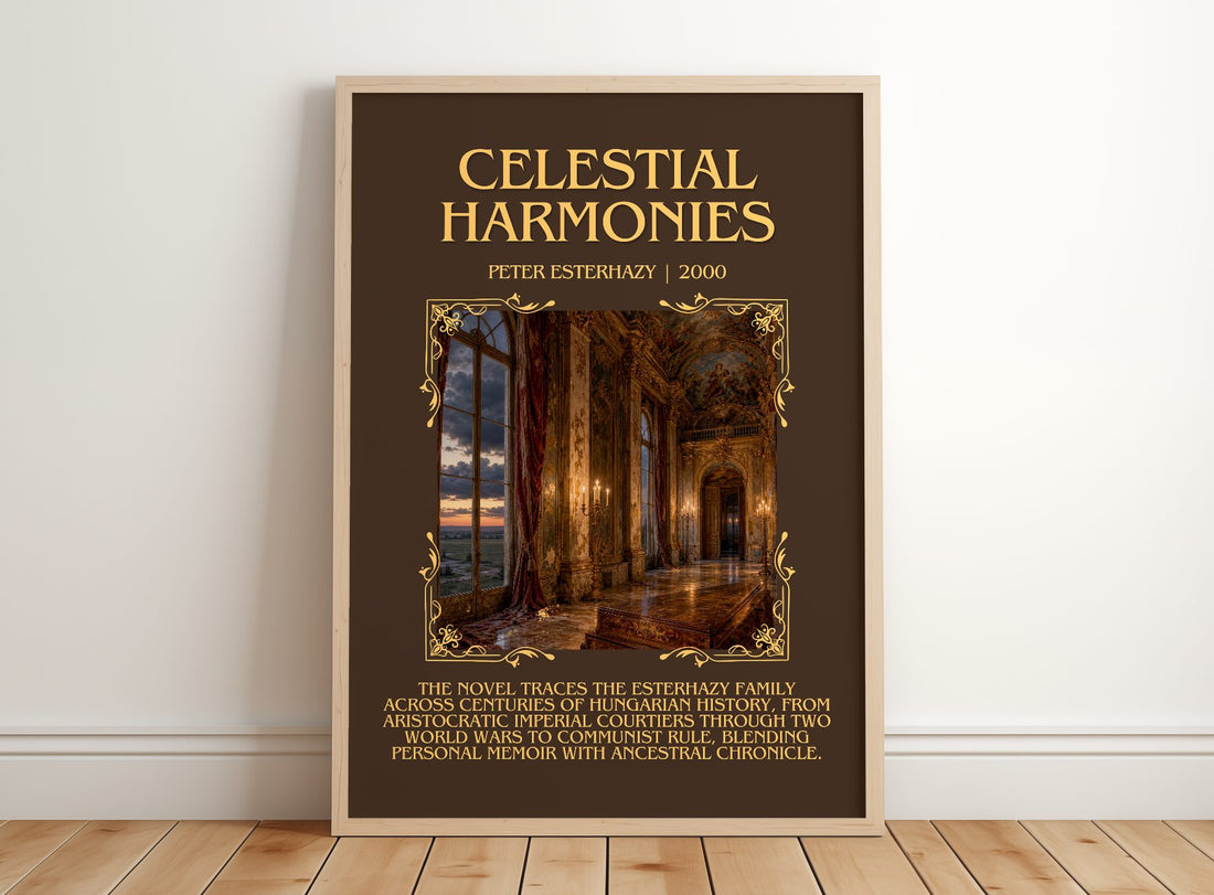 Celestial Harmonies Minimalist Book Poster by Peter Esterhazy – framed print leaning on a wooden floor