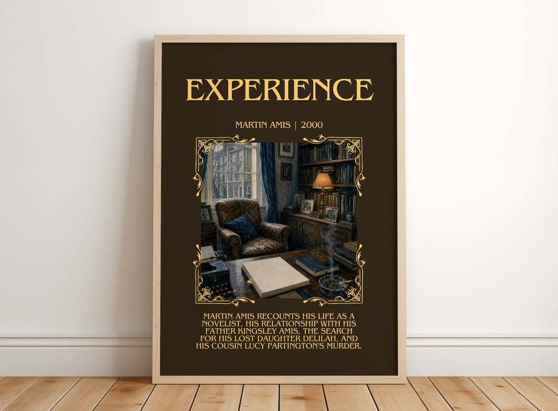 Experience Minimalist Book Poster by Martin Amis – framed print leaning on a wooden floor