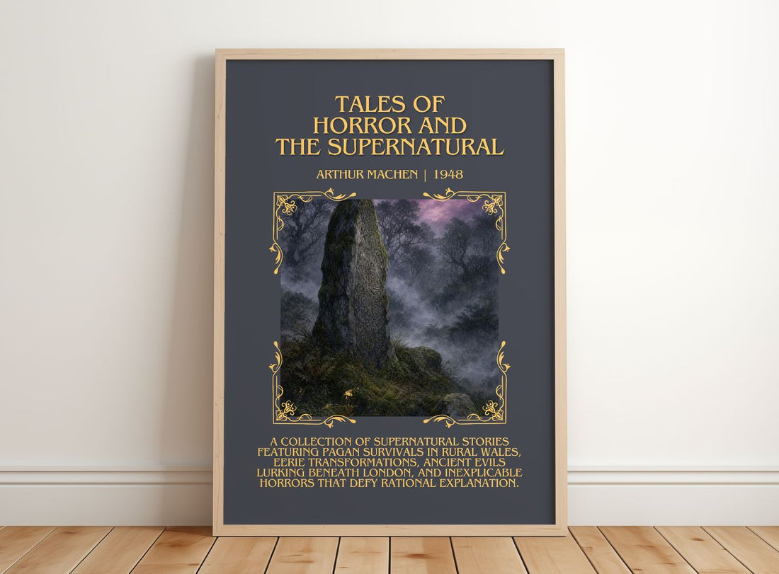 Tales Of Horror And The Supernatural Minimalist Book Poster by Arthur Machen – framed print leaning on a wooden floor