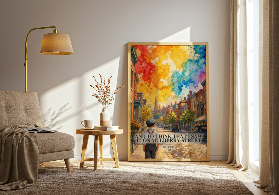 And To Think That I Saw It On Mulberry Street watercolour print in frame leaning in hallway – literary wall art (mockup)