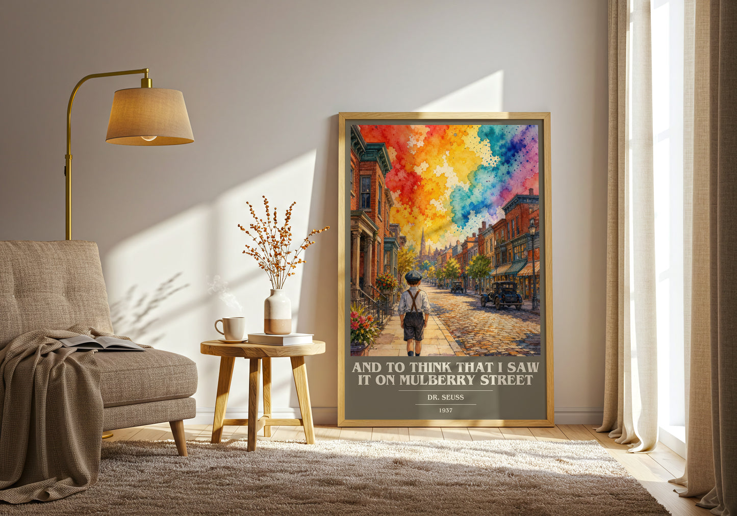 And To Think That I Saw It On Mulberry Street book cover print on bookshelf – Dr. Seuss fan gift