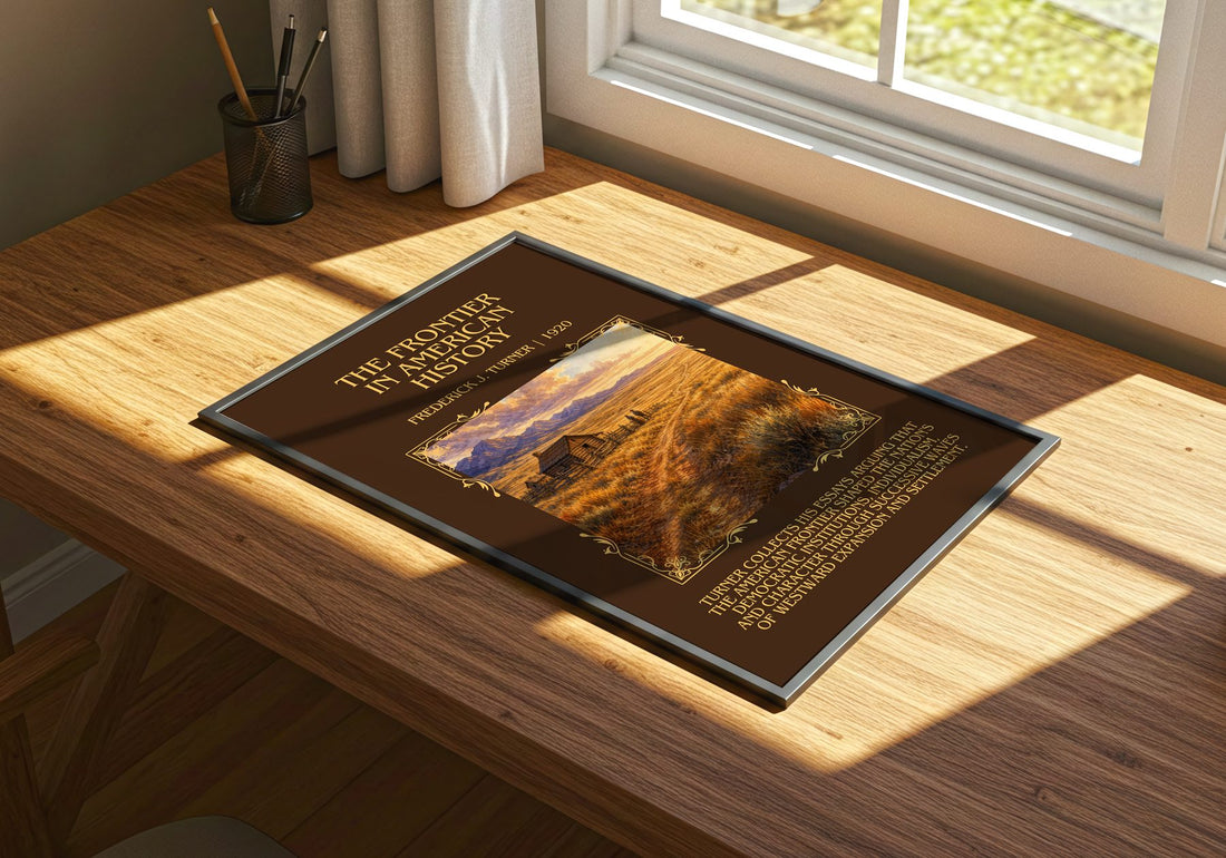 Frontier in American History Minimalist Book Poster by F. Turner – print on a sunlit desk