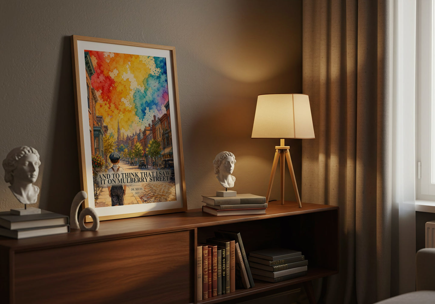 And To Think That I Saw It On Mulberry Street watercolour print on bookshelf – Dr. Seuss fan gift
