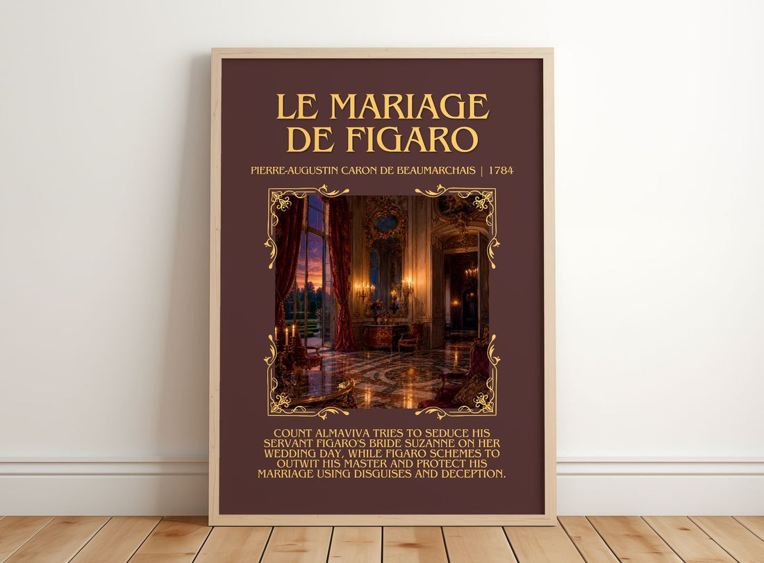 Le Mariage De Figaro Minimalist Book Poster by P. Beaumarchais – framed print leaning on a wooden floor