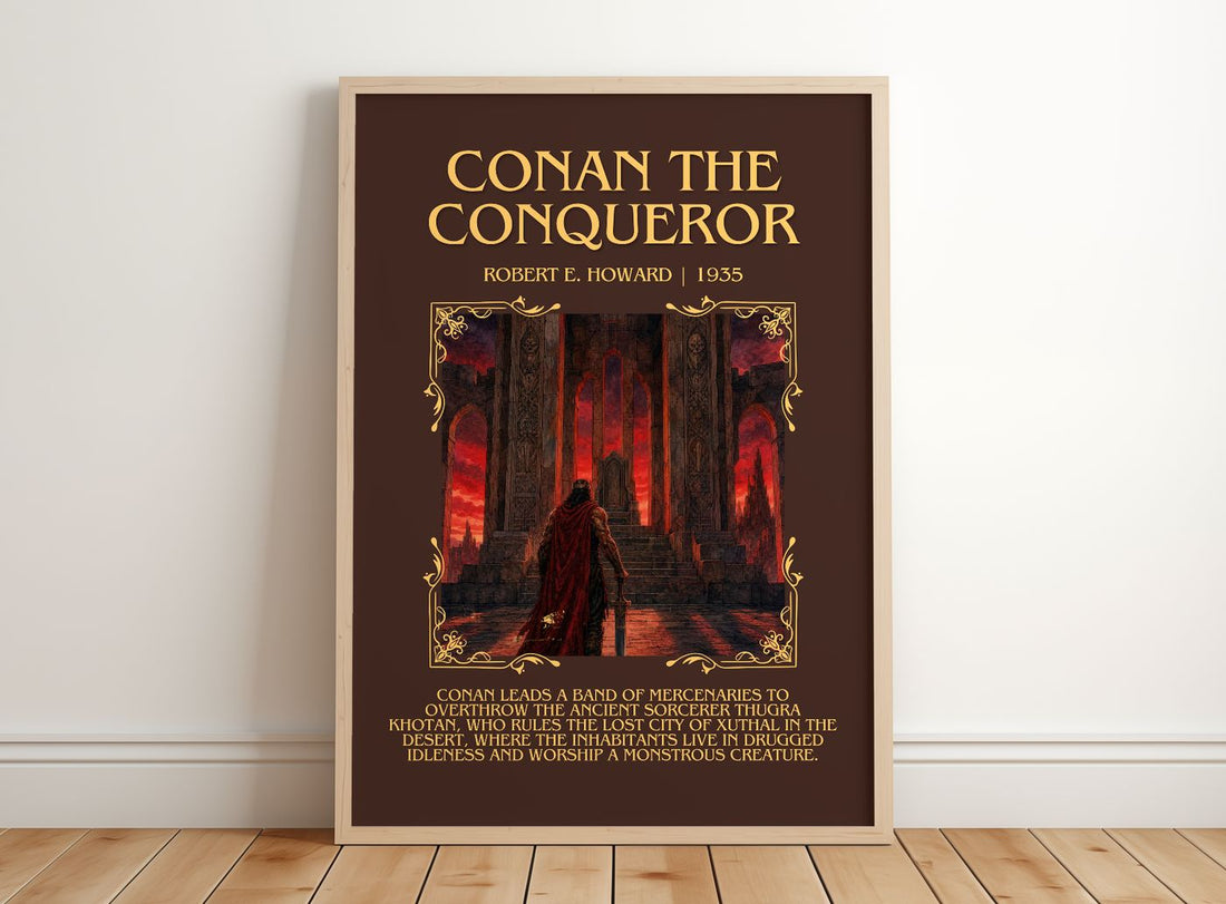 Conan The Conqueror Minimalist Book Poster by Robert E. Howard – framed print leaning on a wooden floor