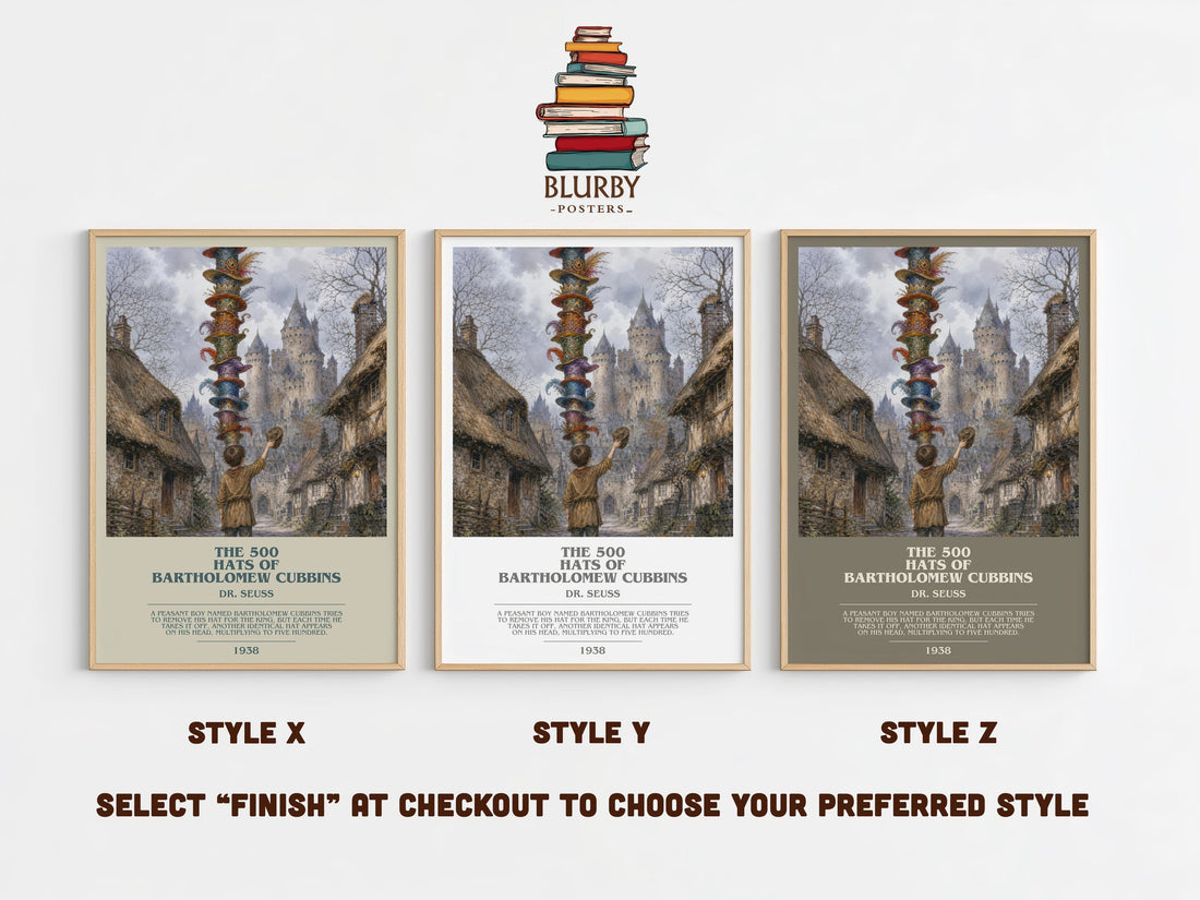 The 500 Hats Of Bartholomew Cubbins bookish print in frame leaning in hallway – childrens wall art (mockup)