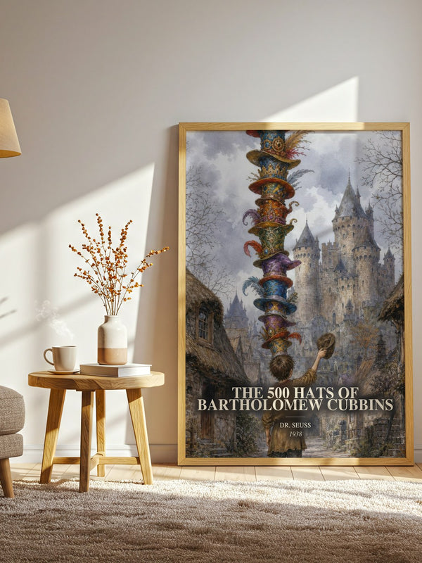 The 500 Hats Of Bartholomew Cubbins watercolour print in frame leaning in hallway – childrens wall art